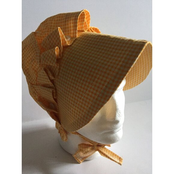 Vtg 1960\'s Cotton Prairie Bonnet Button Scallop Edges Yellow And White Gingham main image 9